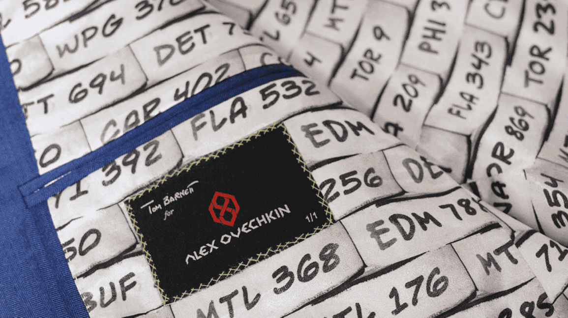 Cover Image for Ovechkin wears custom suit jacket lined with photos of all 895 goal pucks